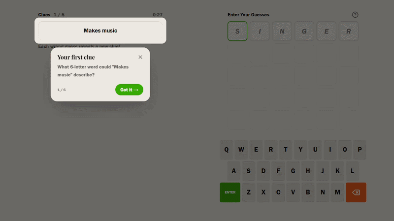Tutorial modal explaining green and orange letter feedback colors