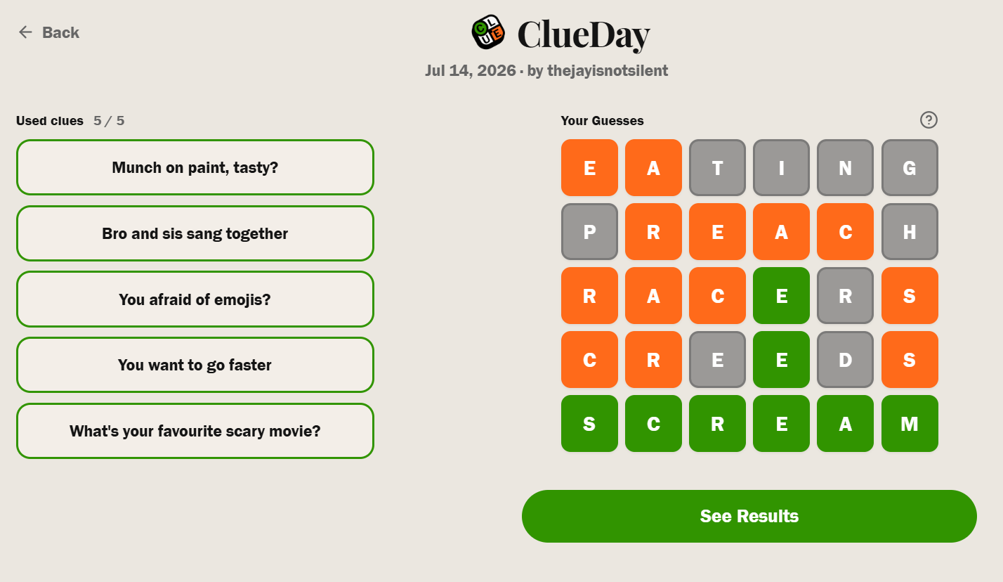 The clues and my attempts for the word of the day SCREAM